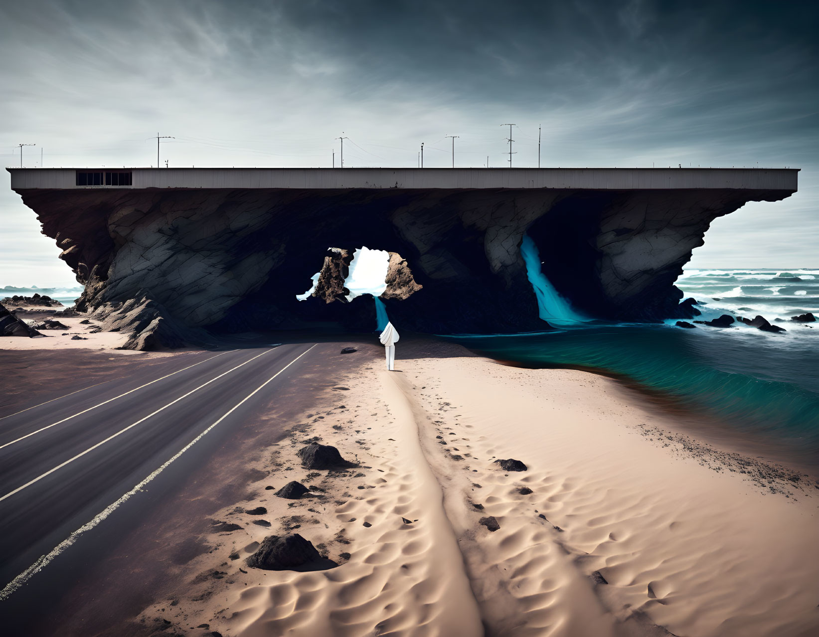 Person on beach road near levitating rock with house and antennas, natural arch over sea