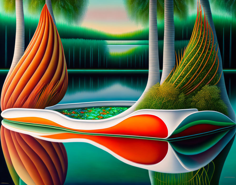 Vibrant surreal landscape painting with organic shapes and reflective water