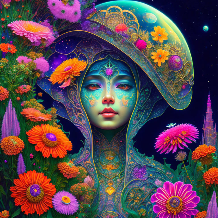 Colorful digital artwork: Woman with celestial headdress and flowers against starry sky