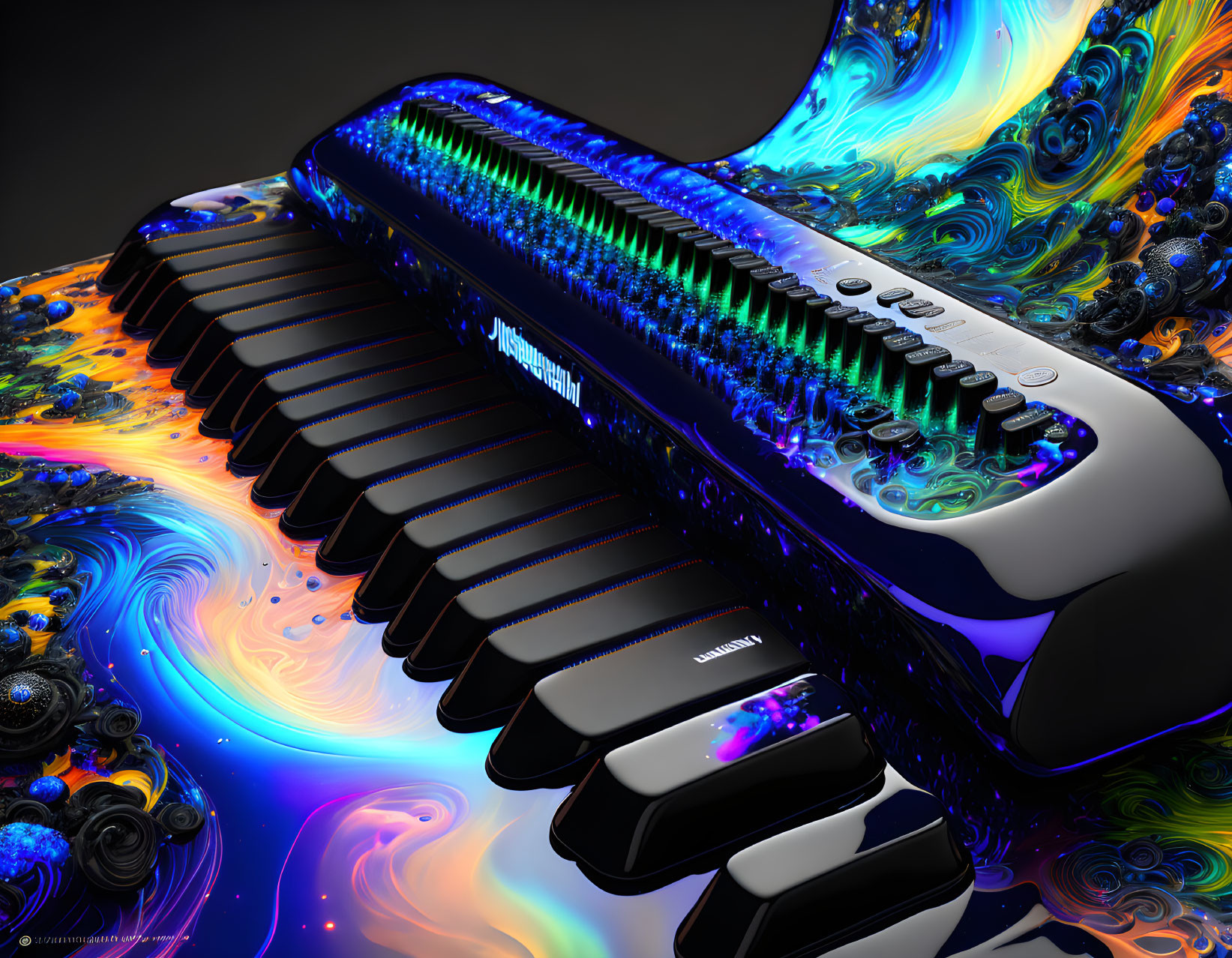 Colorful Neon-Lit Keyboard Art Against Psychedelic Fractal Background