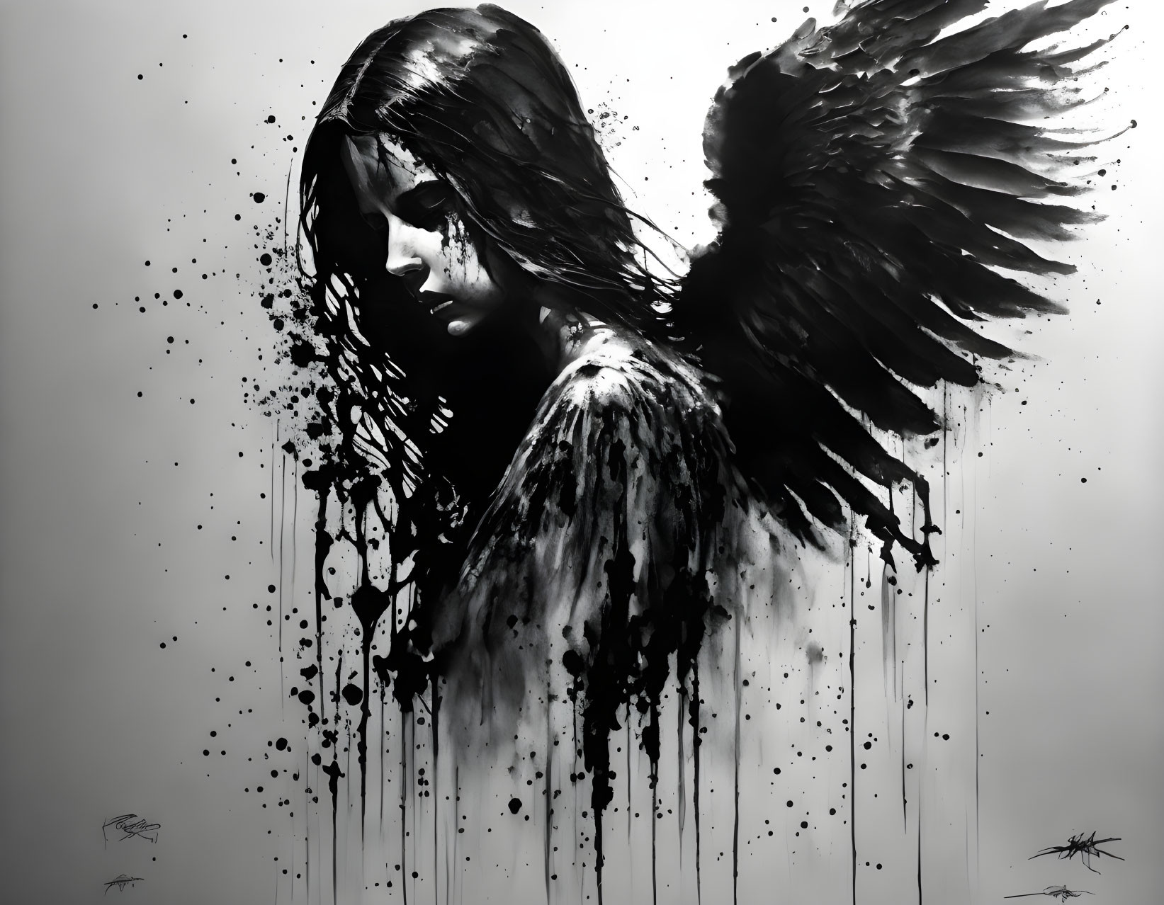 Monochrome artwork of a person with somber expression and ink-like wings.