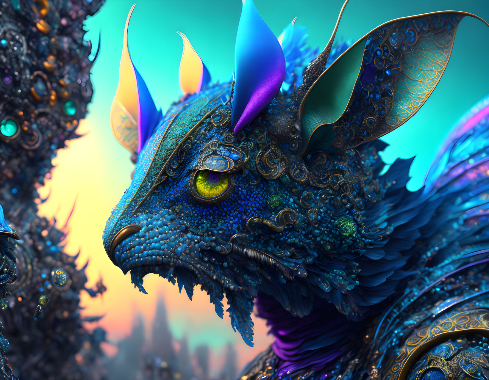 Fantasy creature with blue scales, horns, and yellow eyes in vibrant image