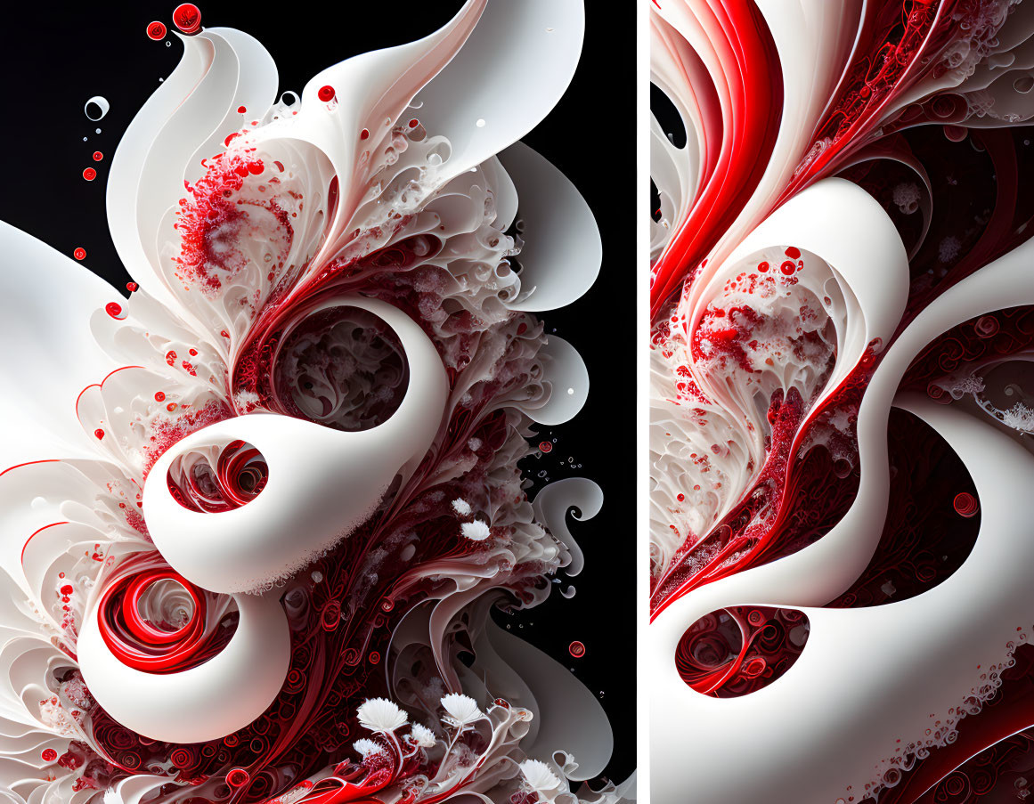 Abstract red and white digital art with intricate details on black background