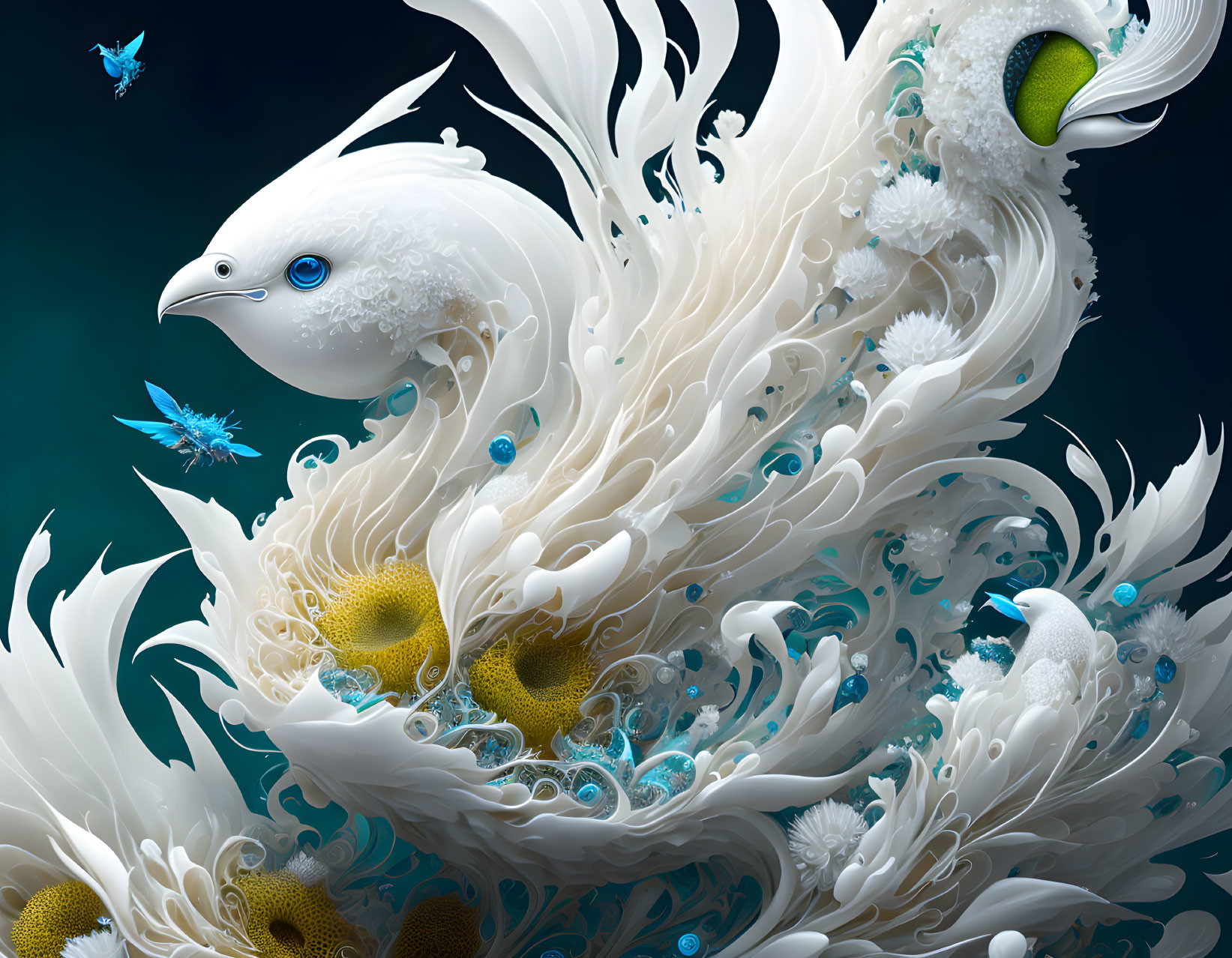 Detailed digital artwork: stylized white birds with intricate feather patterns and floral elements on dark teal backdrop