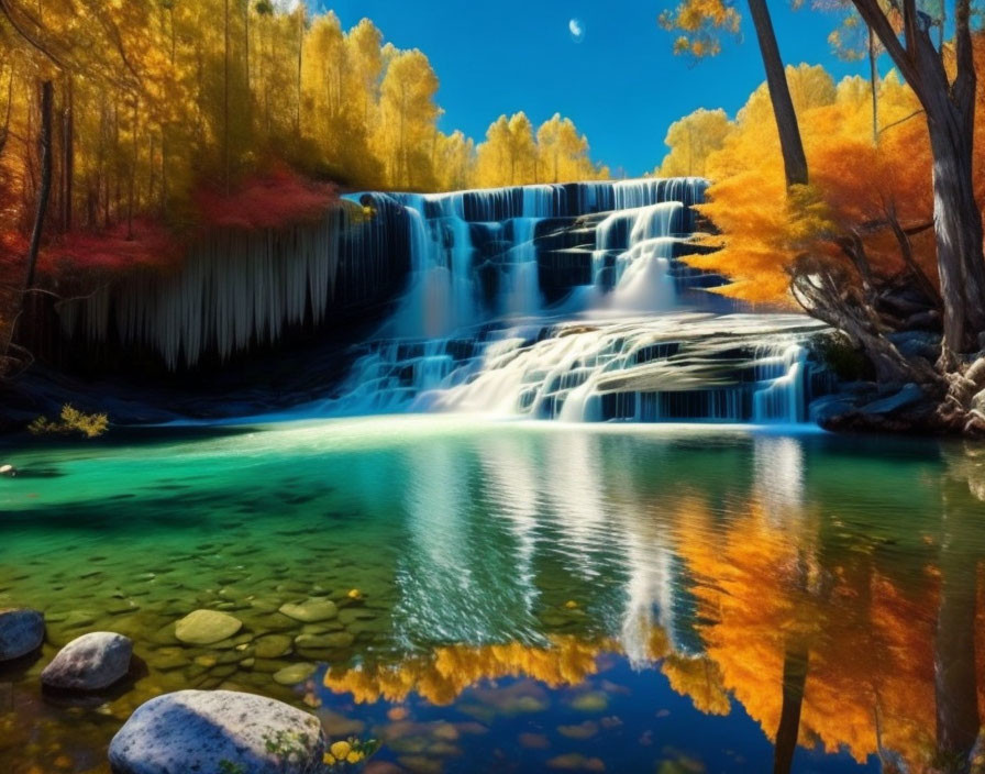 Tranquil waterfall surrounded by vibrant autumn foliage