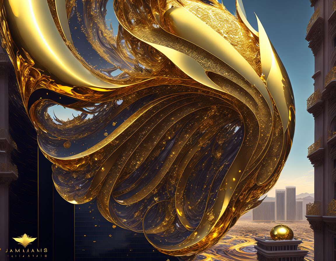Golden swirling abstract sculpture against ornate buildings under clear blue sky
