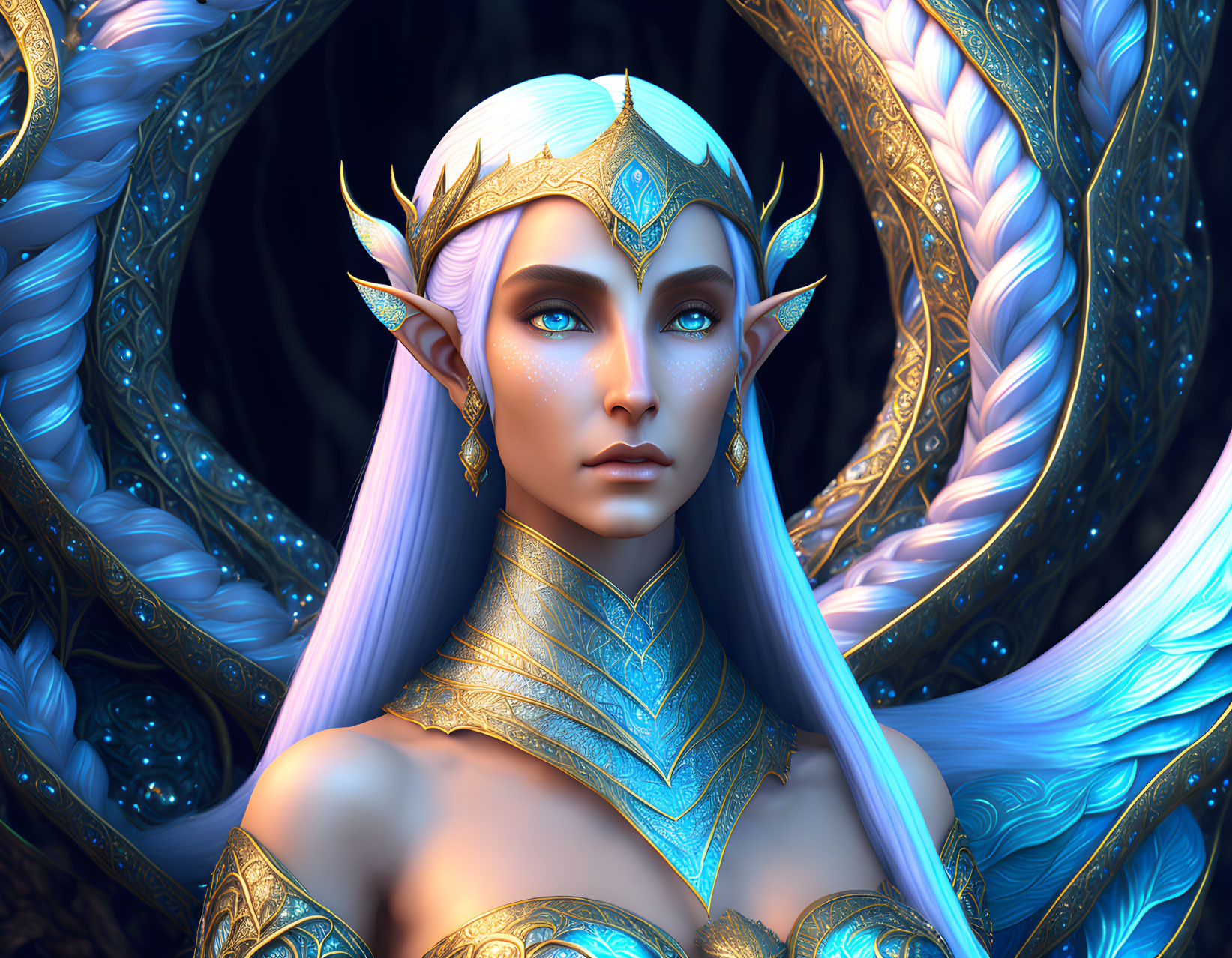 Fantasy elf illustration in golden armor with blue eyes