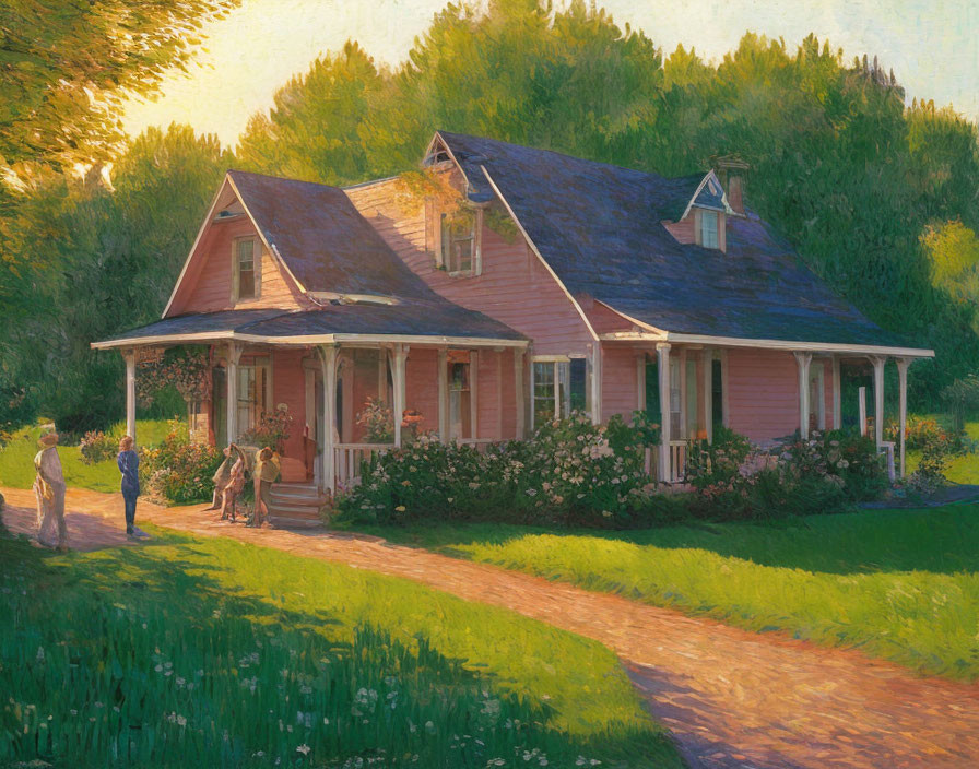 Sunlit rural house with people on porch in warm evening glow