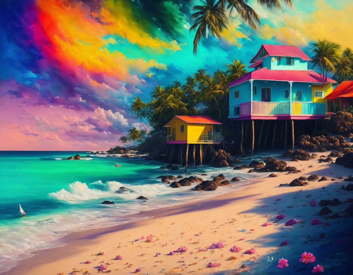 Colorful Beach Scene with Stilt House, Palm Trees, Turquoise Sea, and Boat