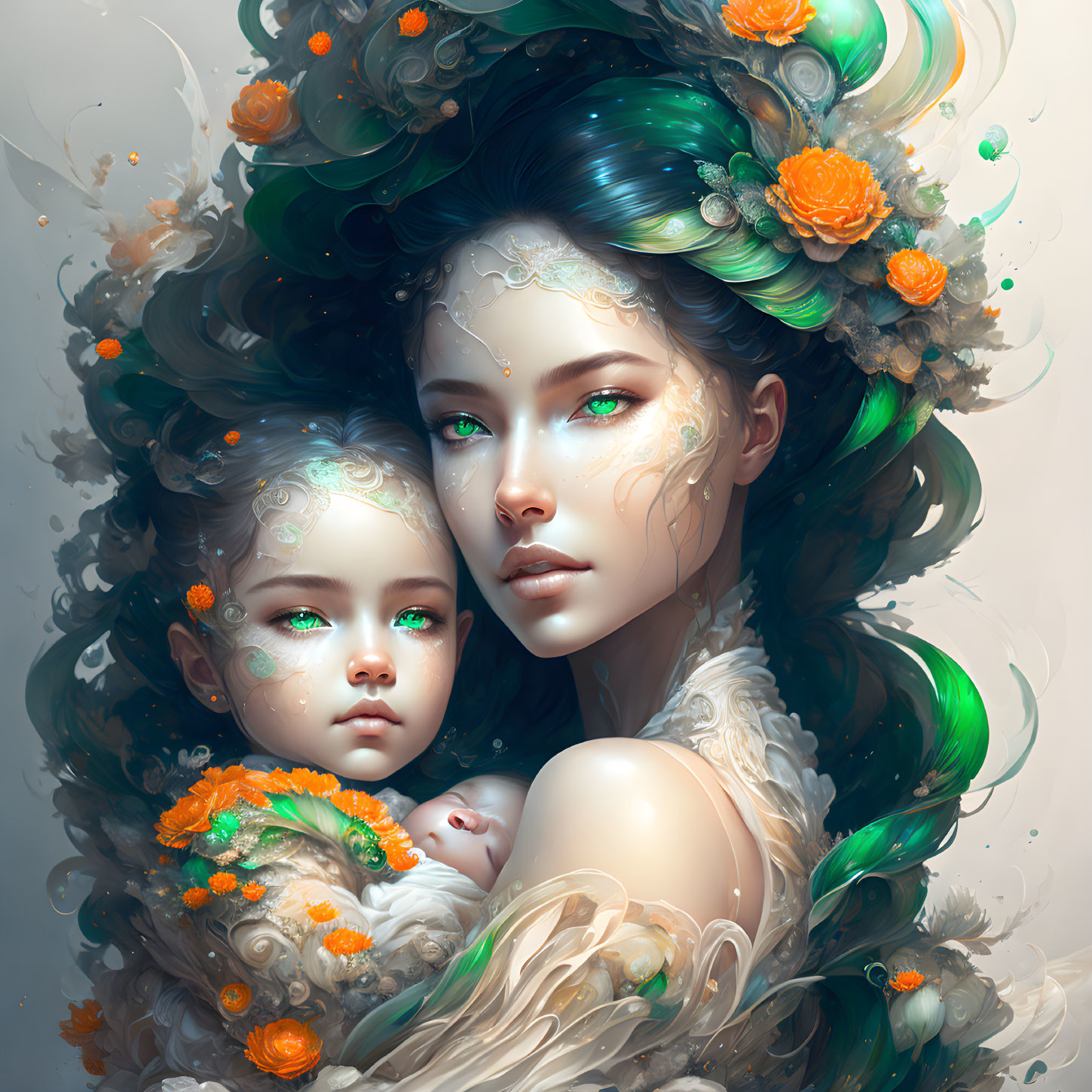 Woman and Child Illustration: Ornate Floral Hair, Ethereal Features, Green-Blue Palette