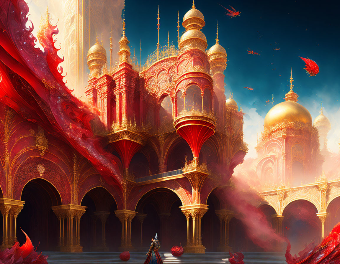 Fantastical palace with golden spires and figure in cloak amidst swirling mists