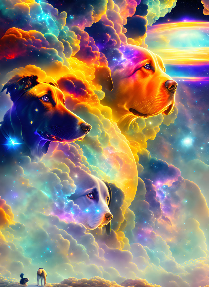 Colorful Dog Faces on Cosmic Nebula with Silhouettes