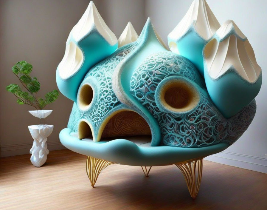 Sea Creature-Inspired Sofa with Tentacle Legs and Patterned Details in Room with Vase and