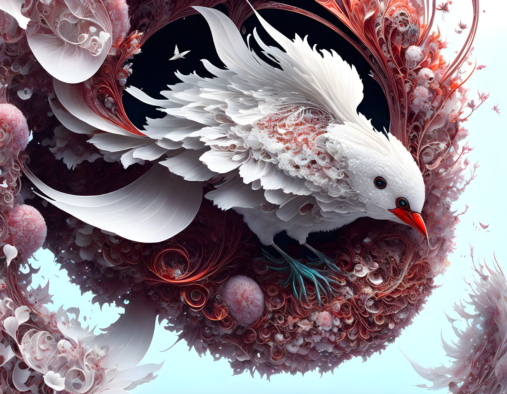 Intricate white bird in surreal ornate nest with floral elements