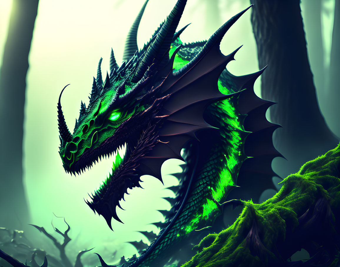 Misty forest scene: fierce green dragon with glowing eyes