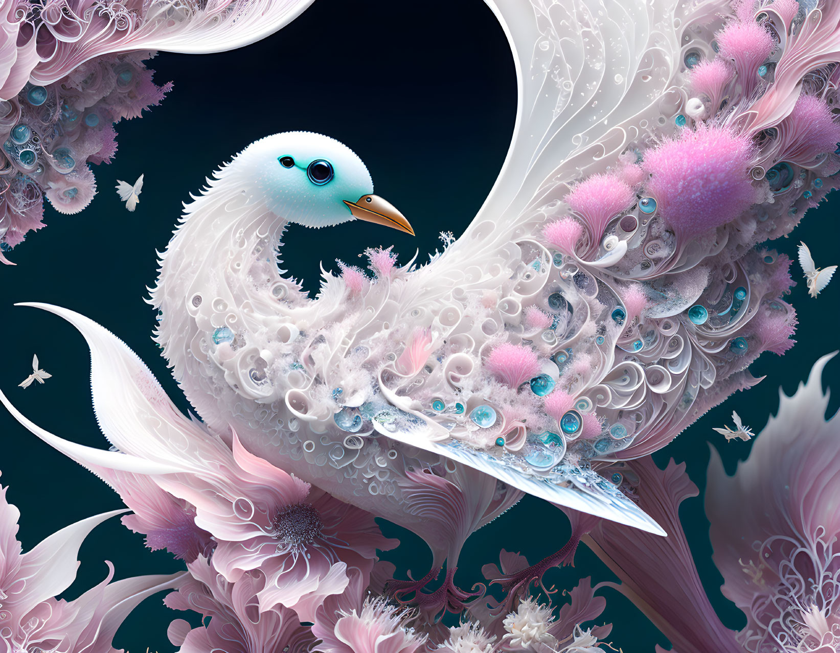 Detailed surreal bird illustration with intricate feathers and vivid blue eyes in a fantastical floral setting