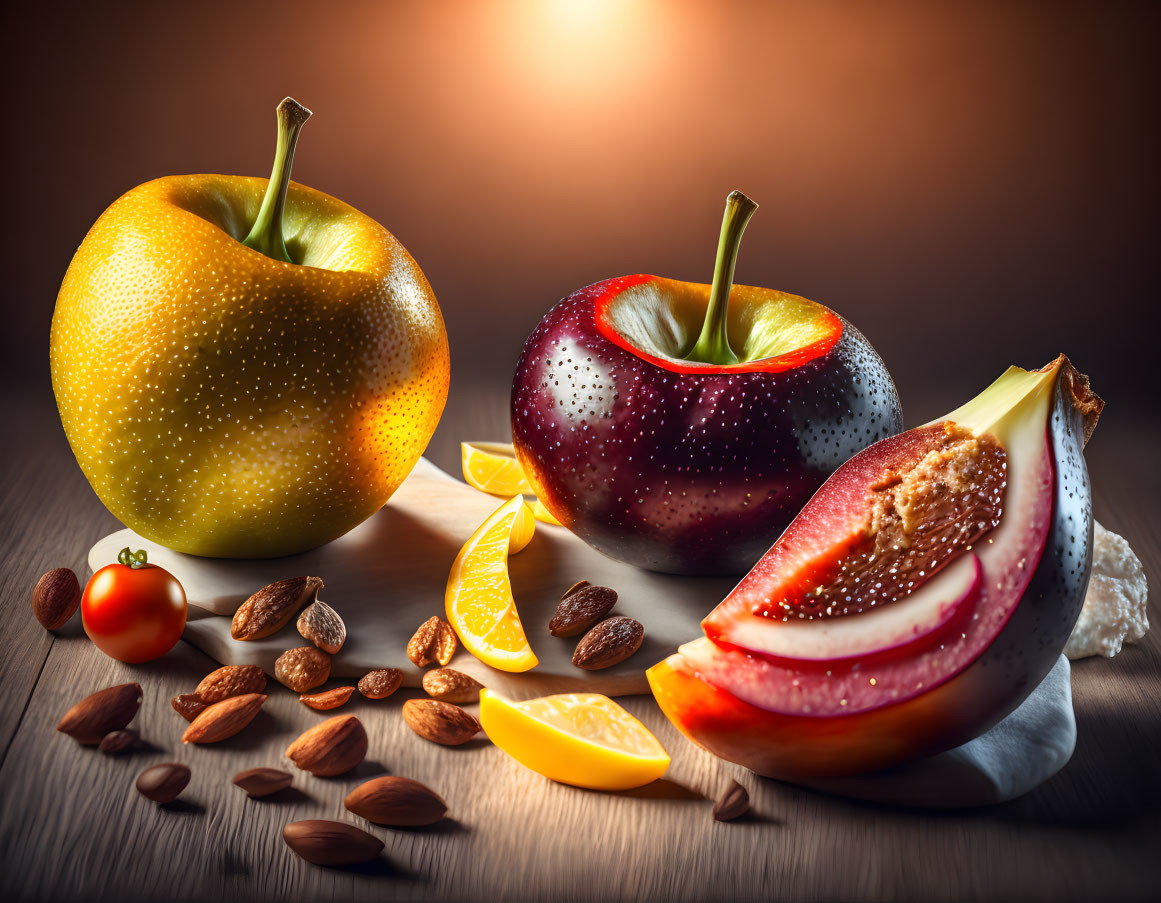 Assorted Fruits and Nuts Still Life with Dramatic Lighting