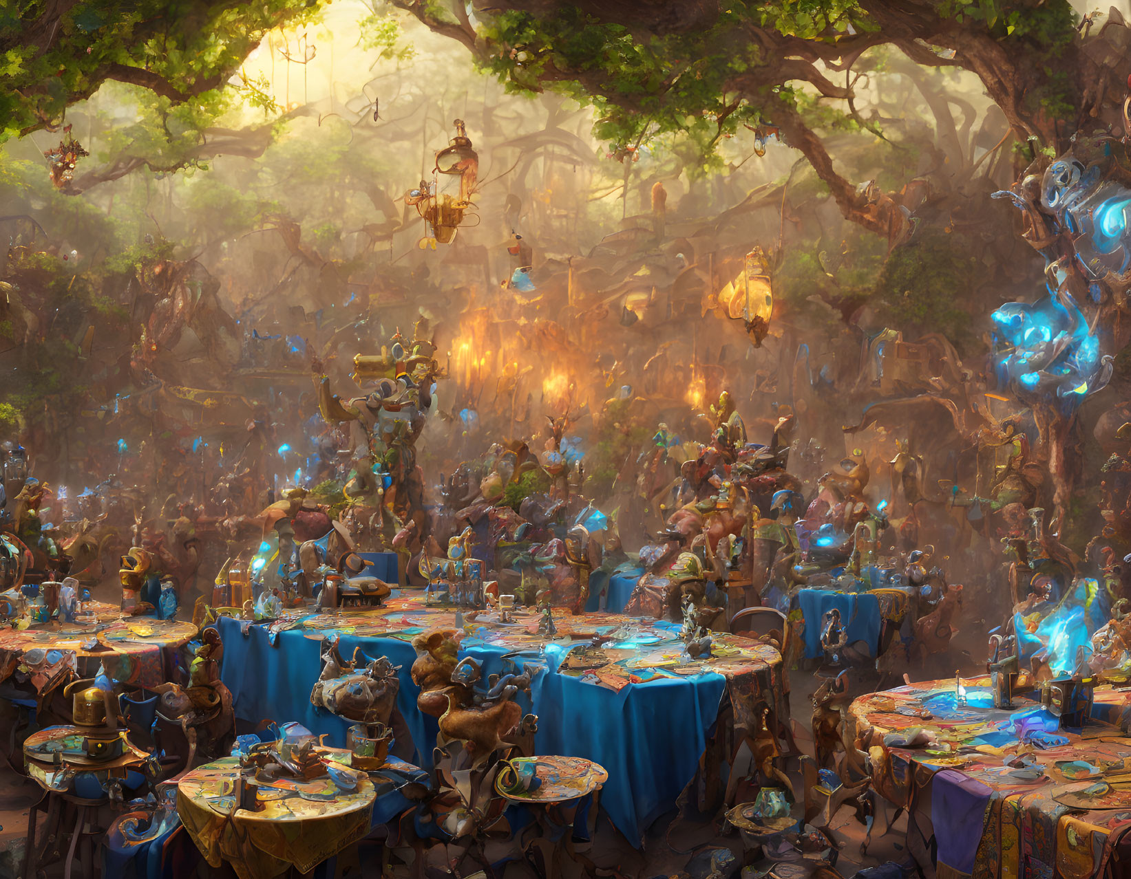 Fantasy banquet scene with magical lights and creatures under large trees