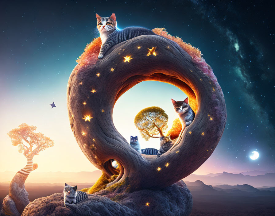 Surreal image of cats on Möbius strip in twilight sky