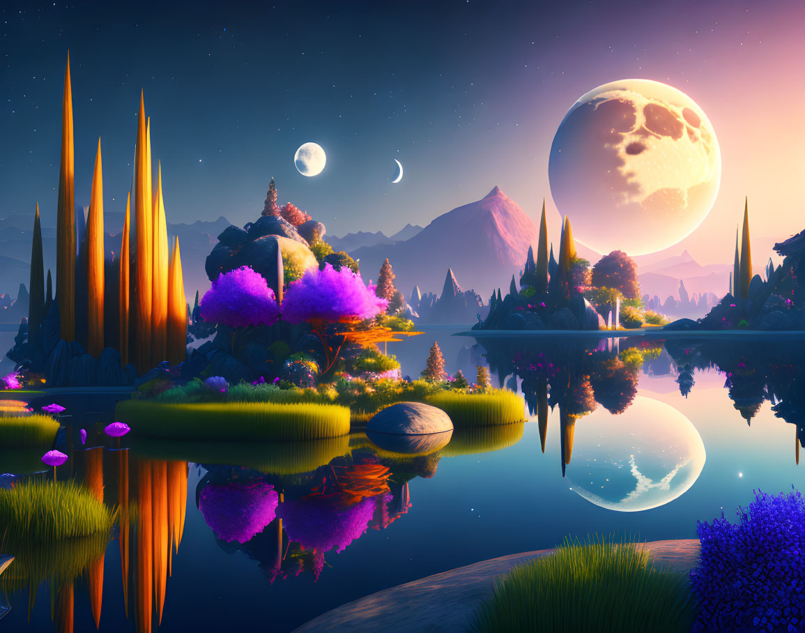 Fantasy landscape with crystalline formations, colorful flora, lake, and celestial bodies