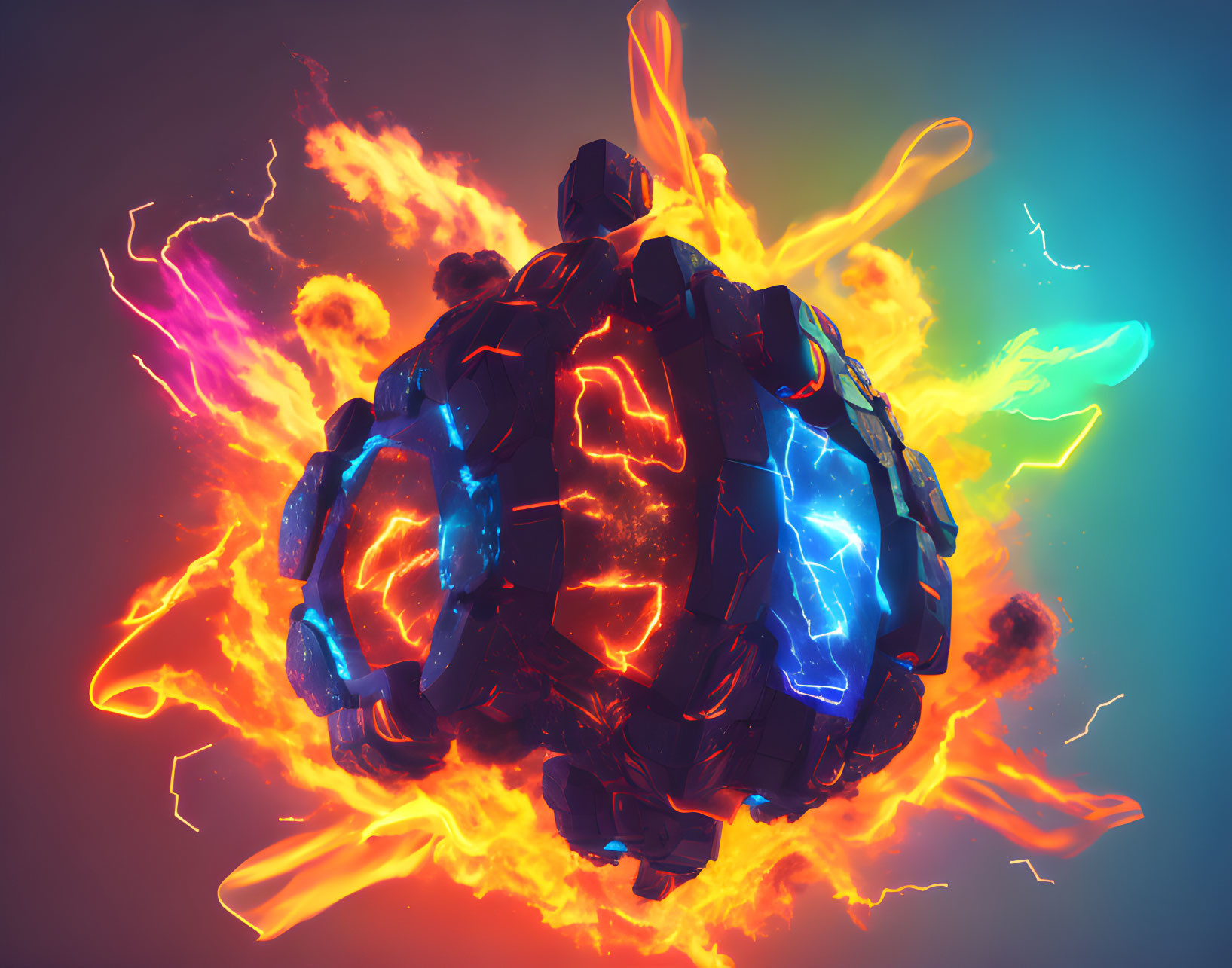 Colorful 3D abstract explosion with glowing core and dynamic flames