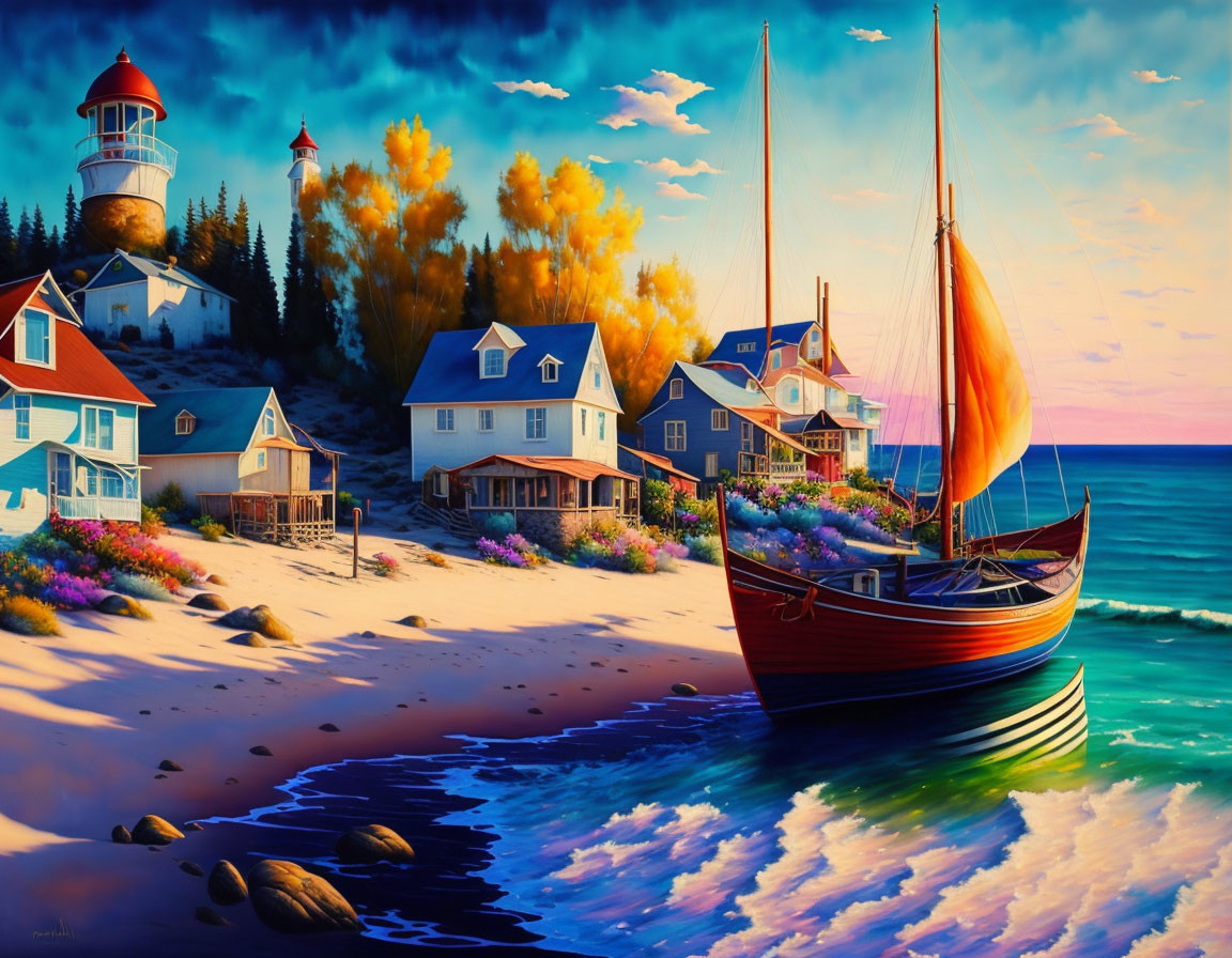 Colorful seaside village painting with lighthouse, red sail boat, and bright sky.