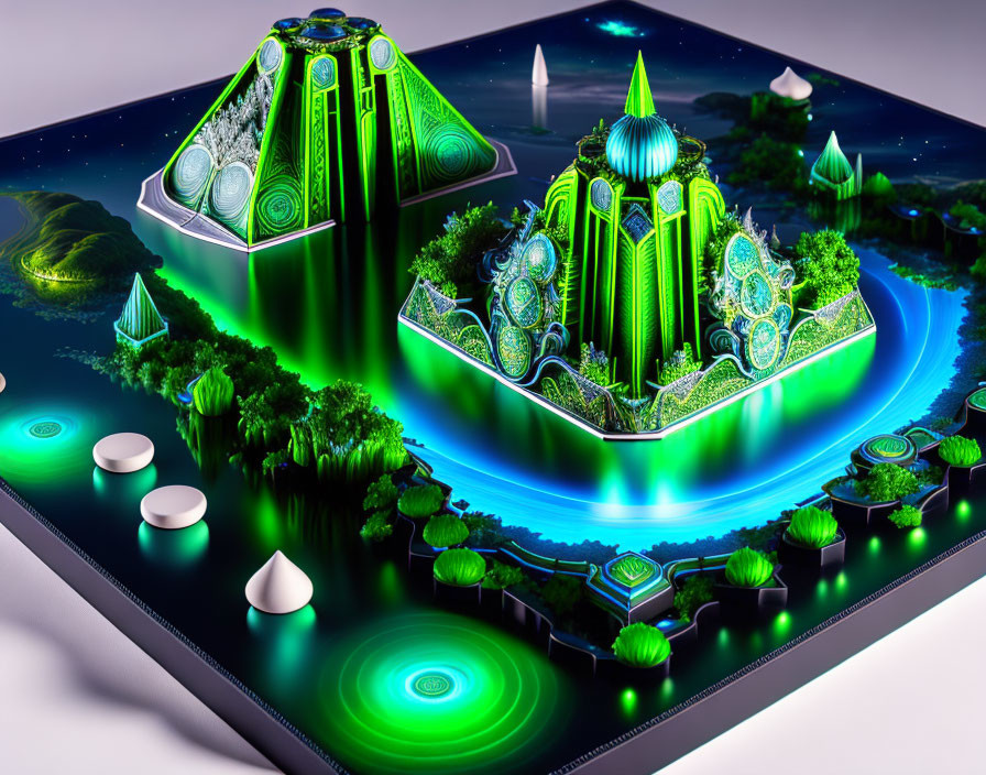 Futuristic 3D illustration of luminous green city on island