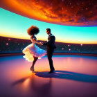 Elegant couple dancing under cosmic sky in white dress and suit