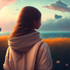 Woman admires sunset sky with floating ships in serene sci-fi blend