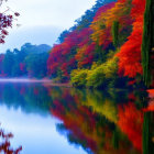 Autumn trees mirrored in serene lake under hazy sky