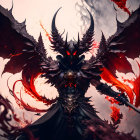 Detailed Fantasy Demon with Large Horns, Wings, Glowing Eyes, and Ornate Armor