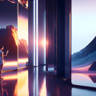 Futuristic room with woman and mountain view at sunset