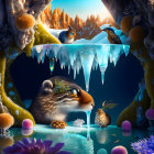 Surreal icy landscape with oversized fluffy rodents and vibrant flora