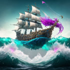 Vibrant purple feathered ship sailing on teal ocean waves