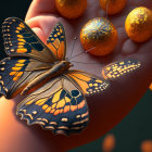 Colorful Butterfly Resting on Finger Surrounded by Golden Ornaments