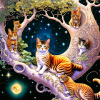 Illustration of orange tabby cats on tree branches under starry night sky