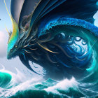 Fantastical Blue Dragon with Aquatic Features in Surreal Ocean Scene