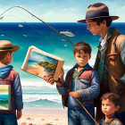 Boys with fishing rods on beach create seascape illusion