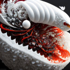 Surreal white bird with red and black fractal patterns on dark background