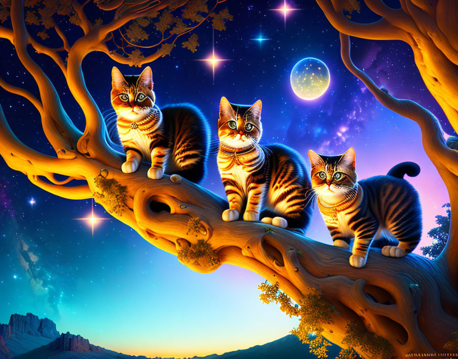 Three cats with celestial textures on fur on a tree branch under a starry night sky.