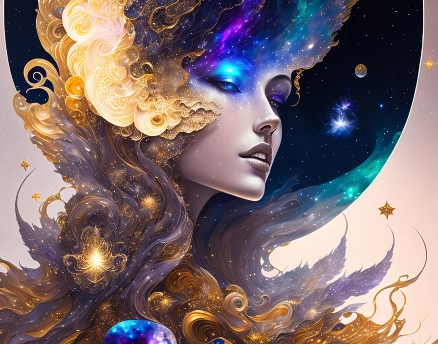 Illustration of woman with cosmic hair and celestial motifs