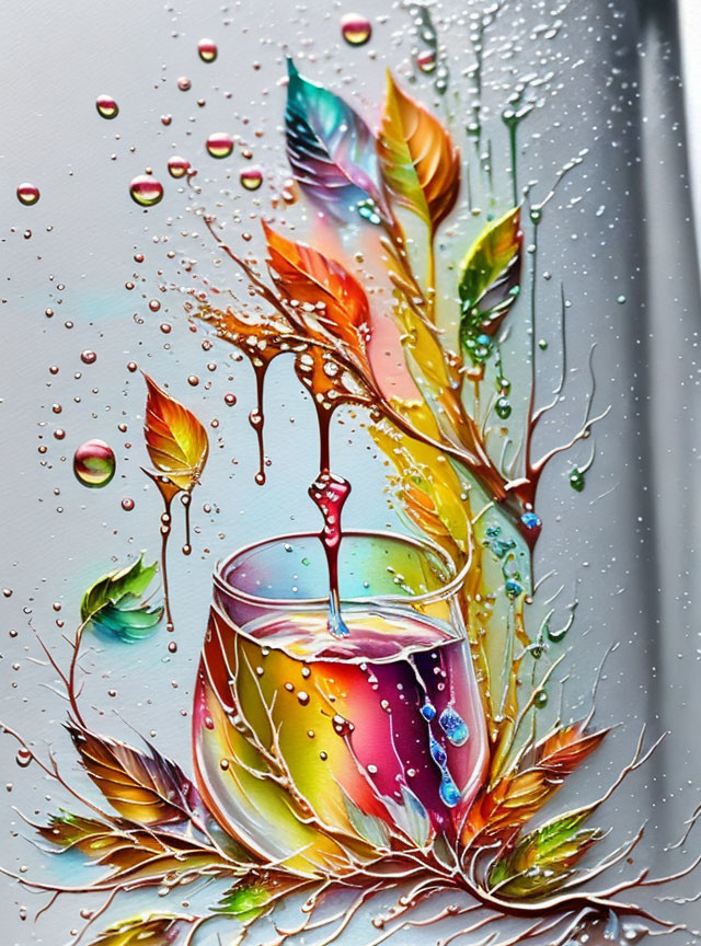 Colorful Glass Painting with Dew Drops and Leaves