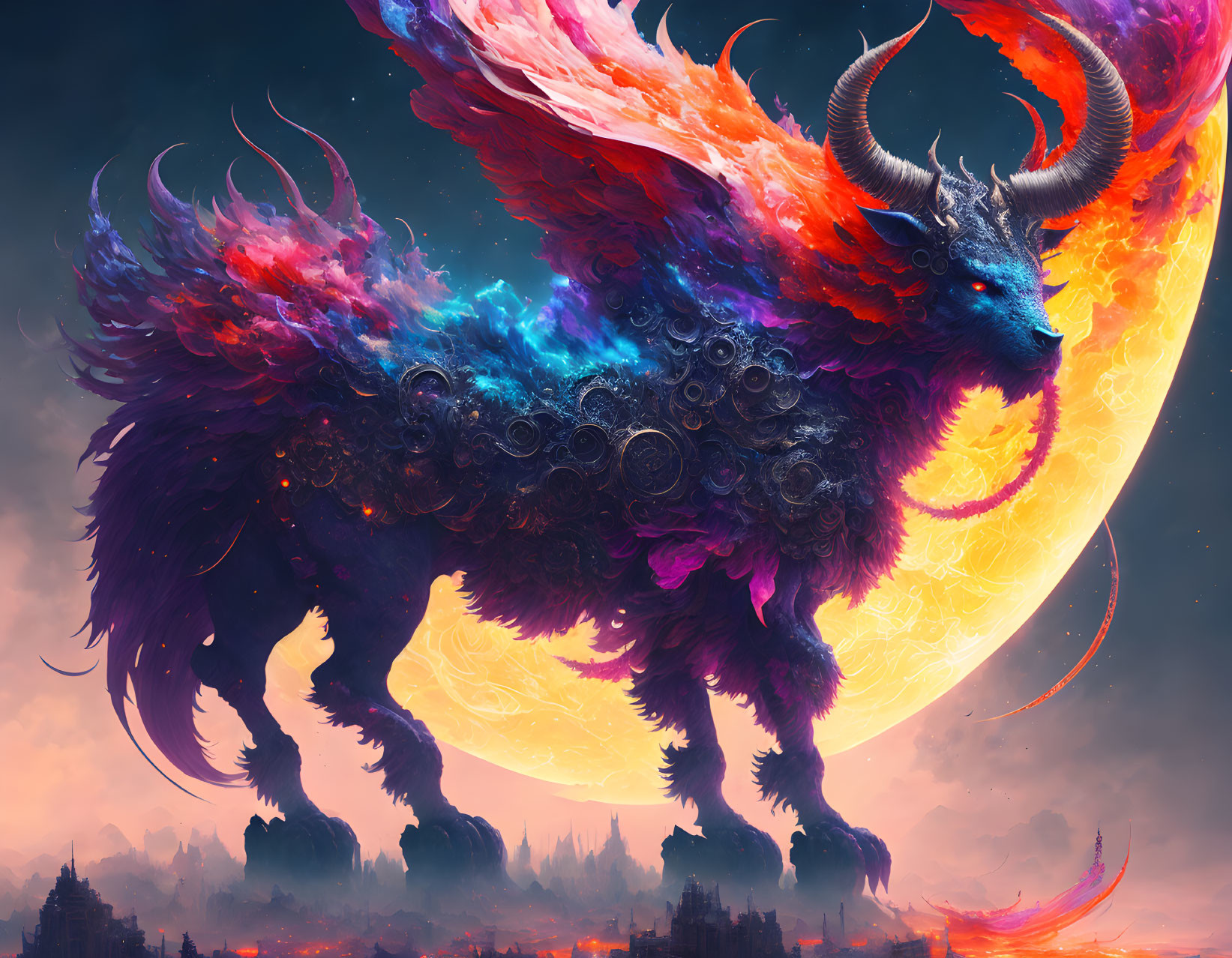 Colorful Phoenix-Lion Hybrid Creature with Fiery Wings and Glowing Orange Planet