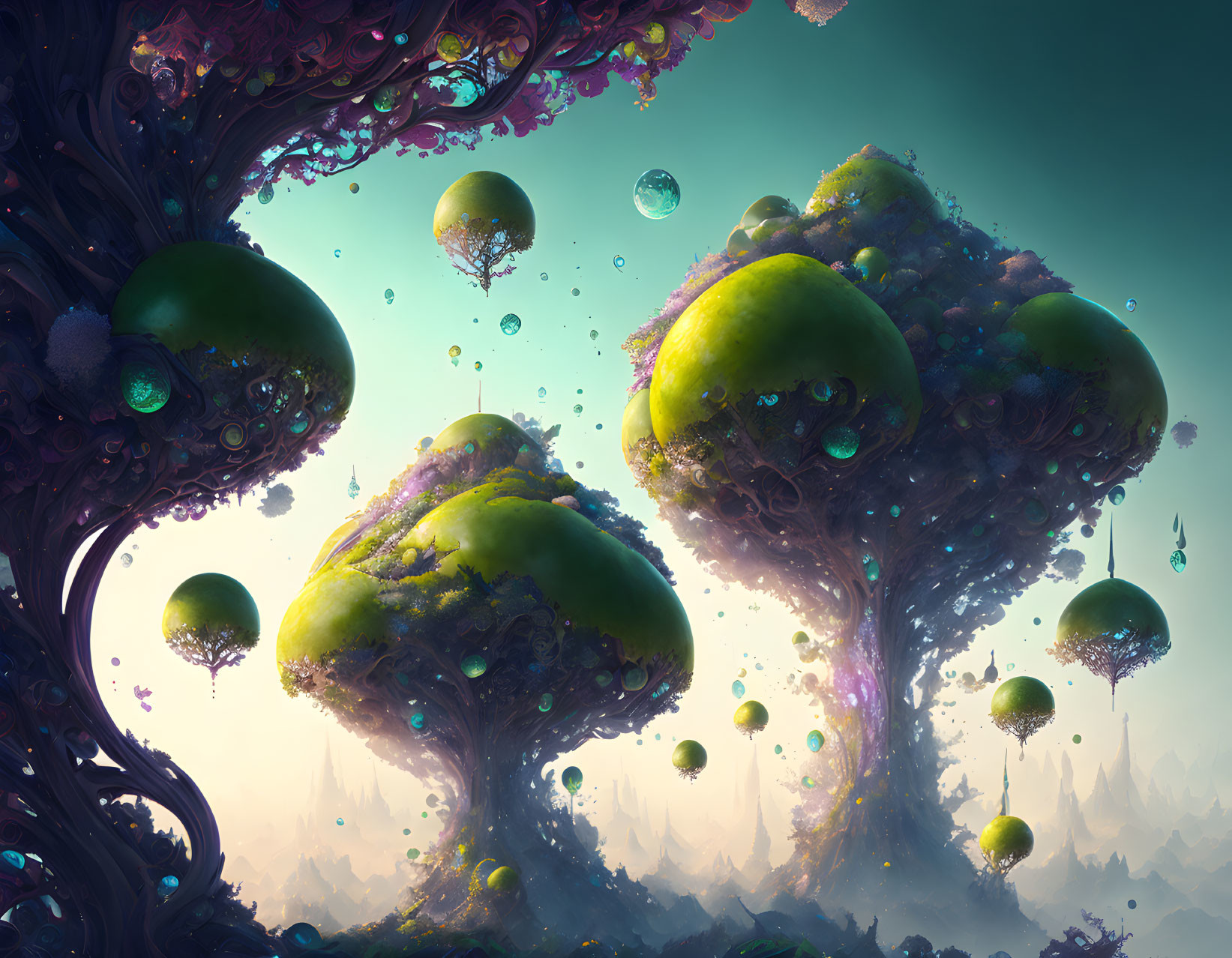 Vibrant tree-like structures in fantastical landscape with floating orbs