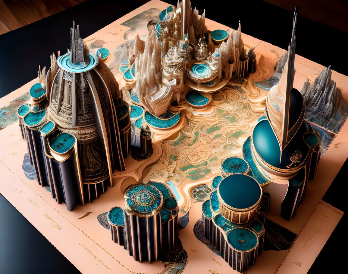 Intricate Teal and Gold Fantasy Architecture in 3D Pop-Up Book