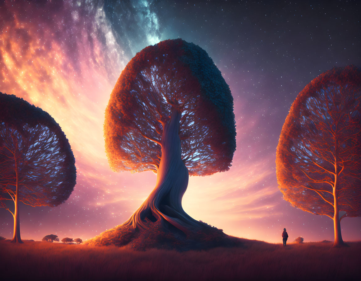 Person admires three majestic trees under surreal galaxy-filled sky