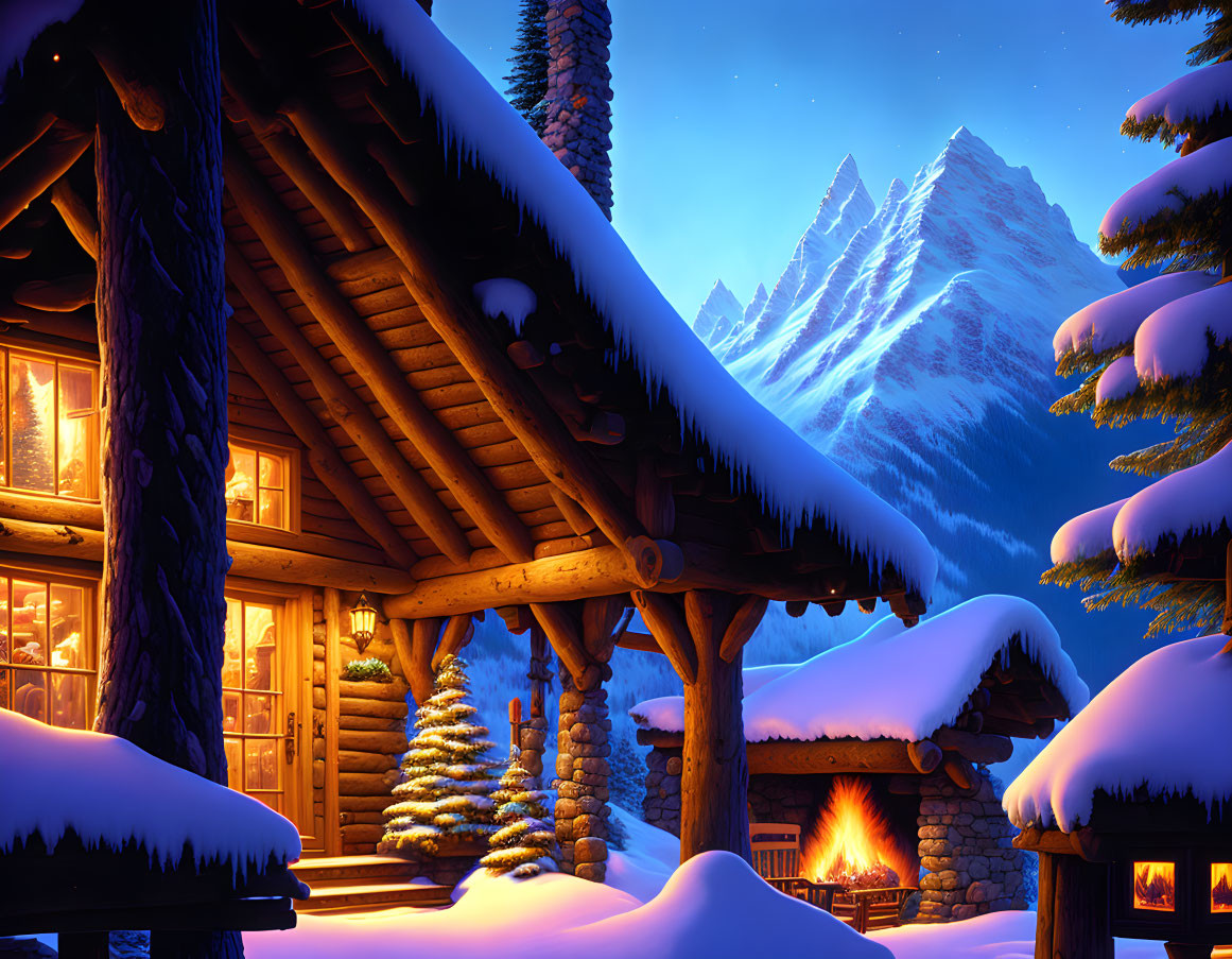 Winter cabin nestled in snow with warm lights, fir tree, mountains, twilight sky