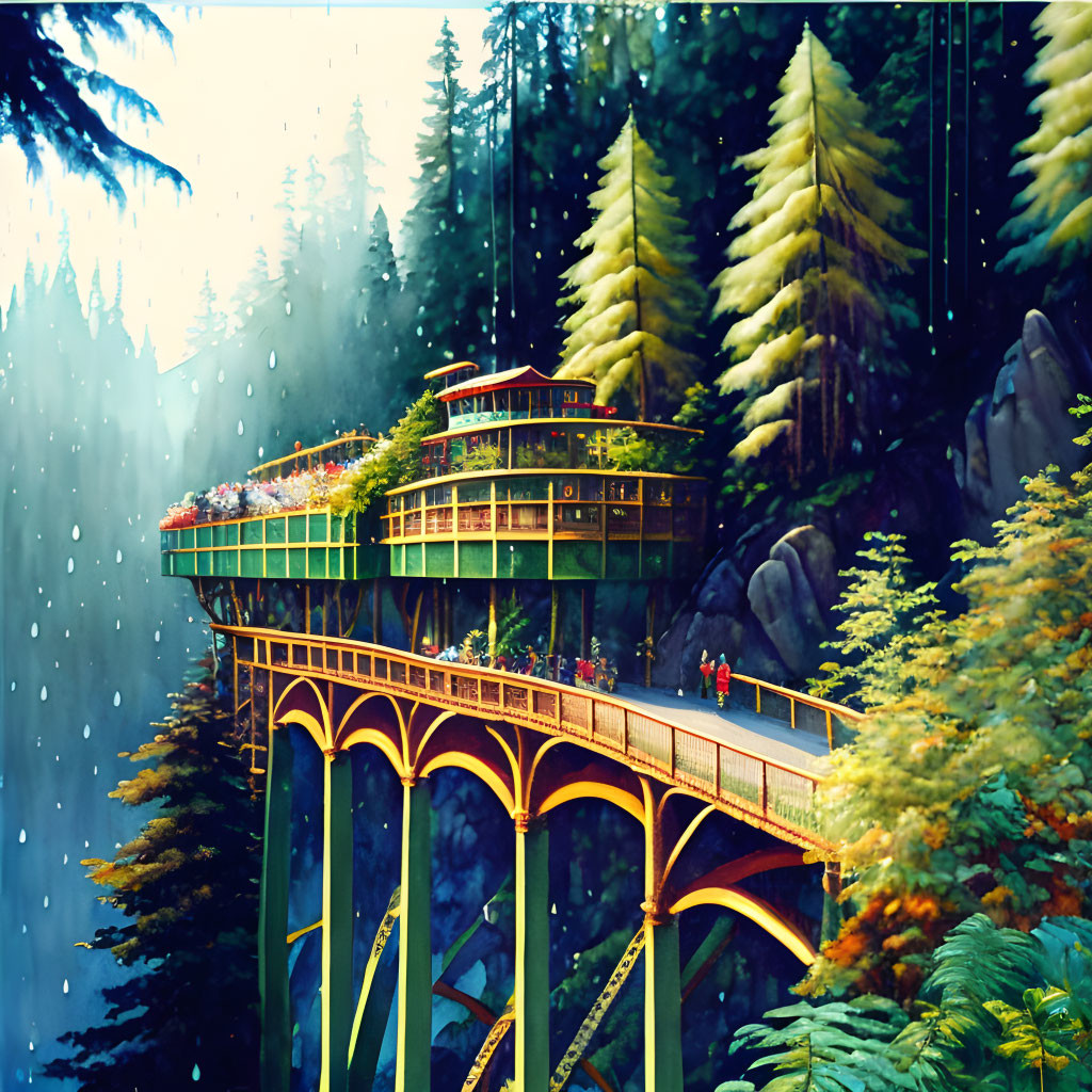 Illustration of rainforest observation deck in sunlight and rain