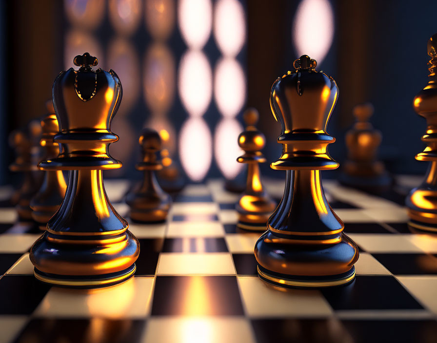 Chessboard with black queen and king in warm light on blurred background