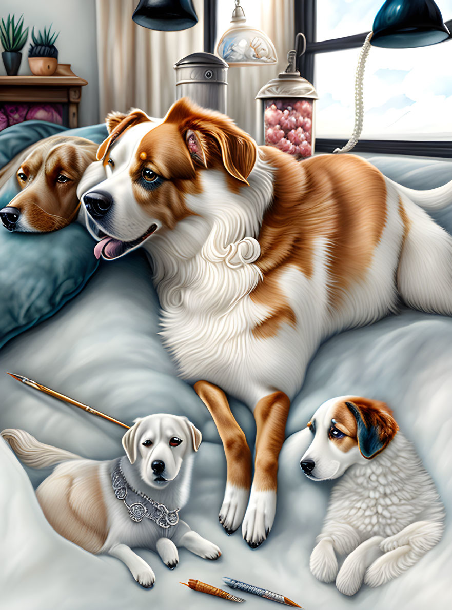 Three dogs on a bed with art supplies including a brown and white dog with a bow, a small